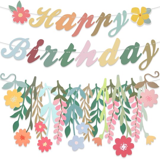 3 Pcs Wildflower Birthday Party Decorations – Floral Garland & “Happy Birthday” Banner for Spring, Boho Hanging Décor for Women